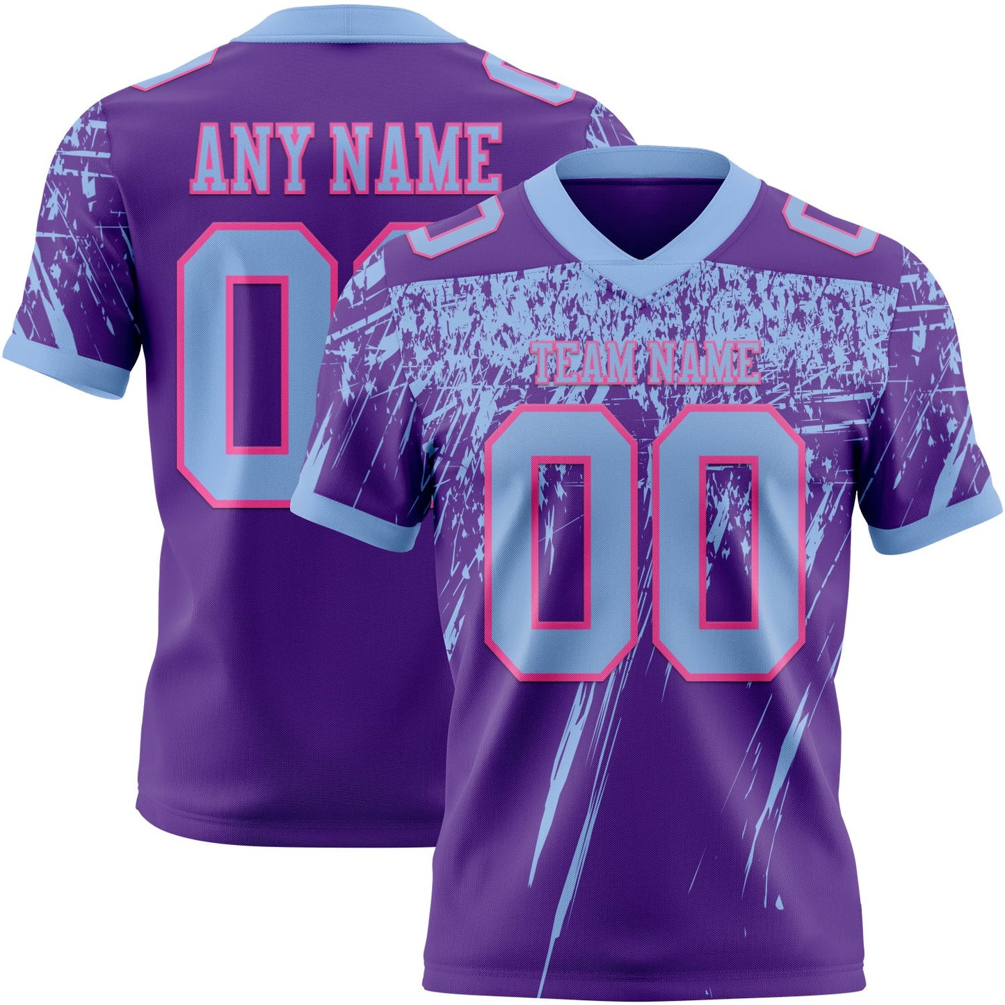 Custom Purple Light Blue-Pink Authentic Distressed Scratch Brush Stroke Football Jersey - Main View