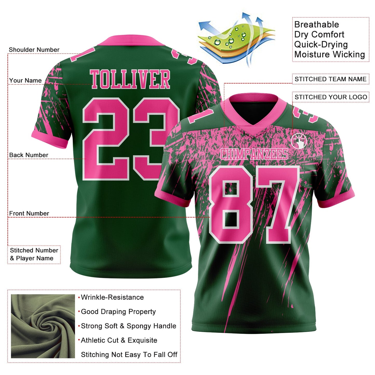 Custom Green Pink-White Authentic Distressed Scratch Brush Stroke Football Jersey view 2