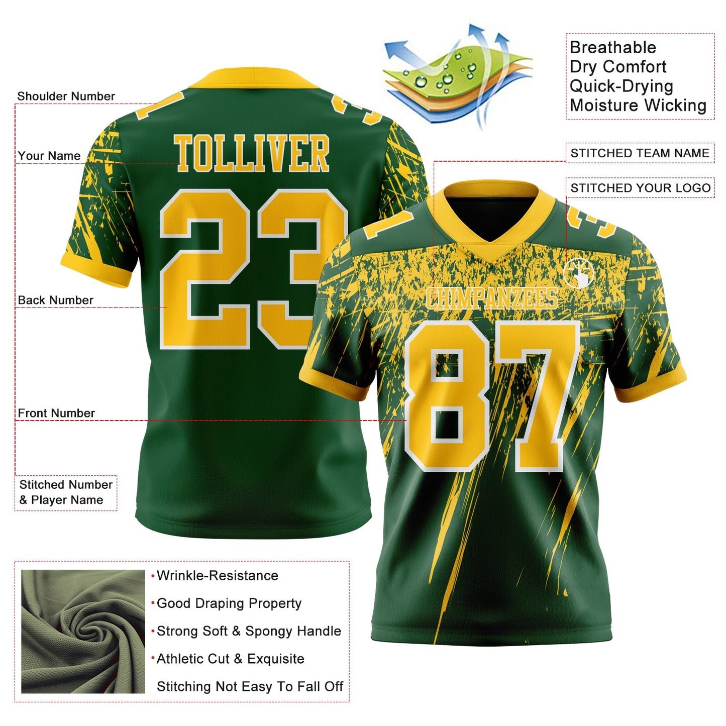 Custom Green Yellow-White Authentic Distressed Scratch Brush Stroke Football Jersey view 2