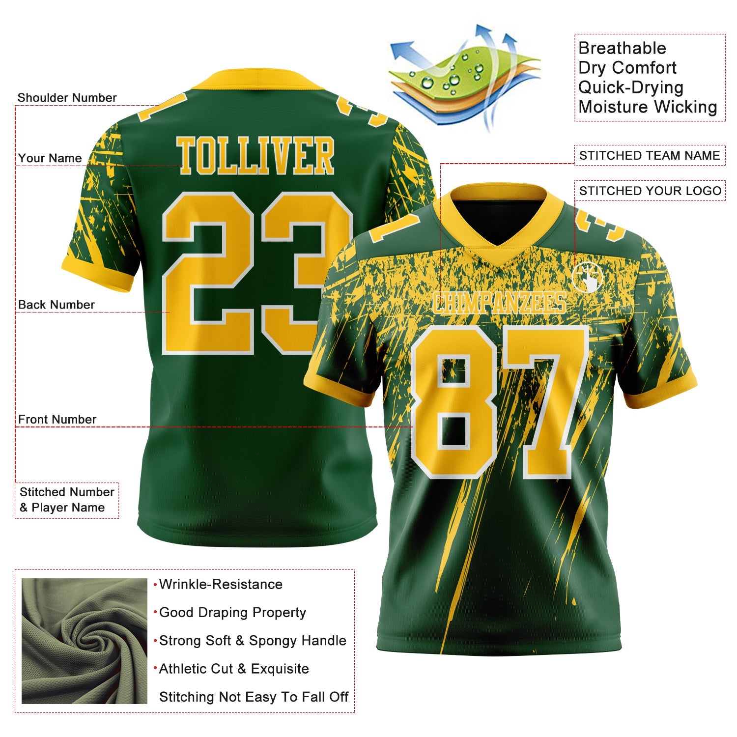 Custom Green Yellow-White Authentic Distressed Scratch Brush Stroke Football Jersey view 2