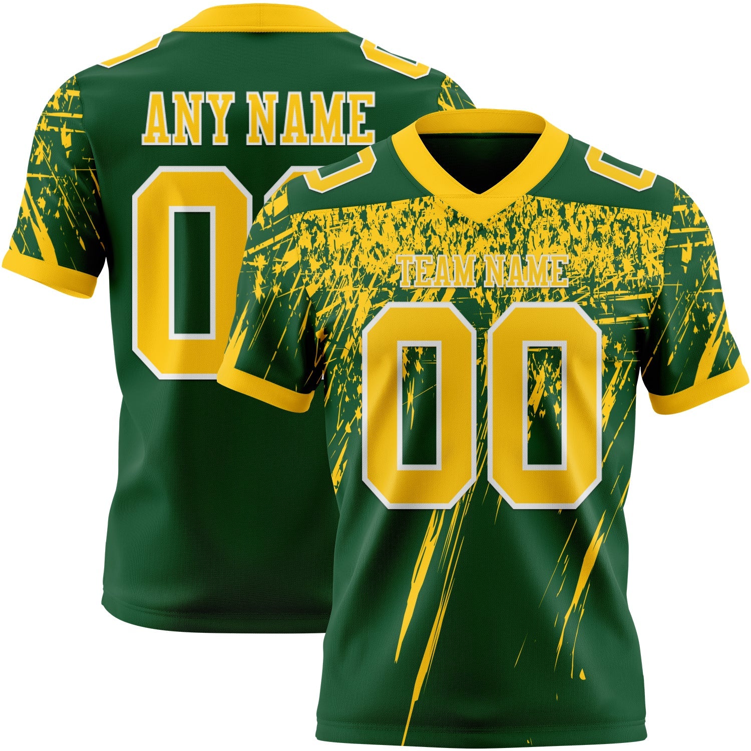 Custom Green Yellow-White Authentic Distressed Scratch Brush Stroke Football Jersey - Main View