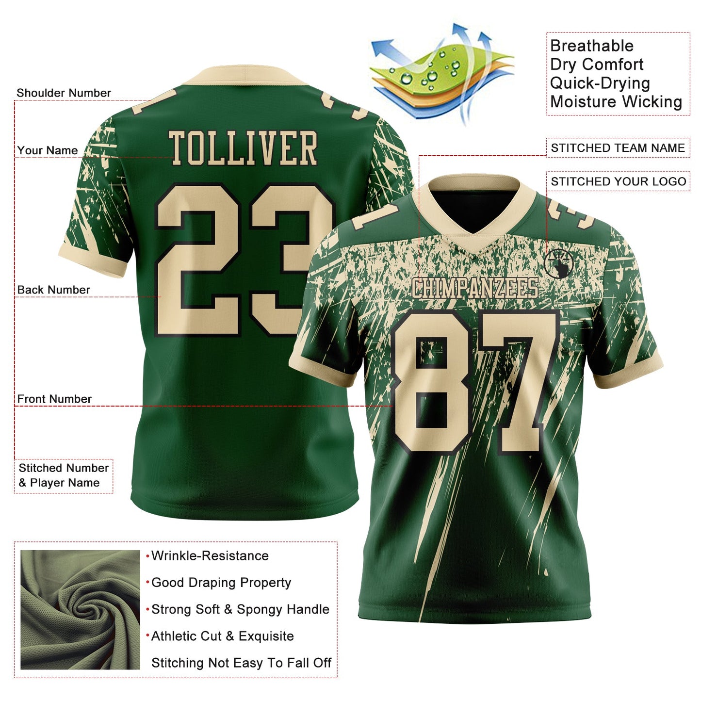 Custom Green Cream-Black Authentic Distressed Scratch Brush Stroke Football Jersey view 2