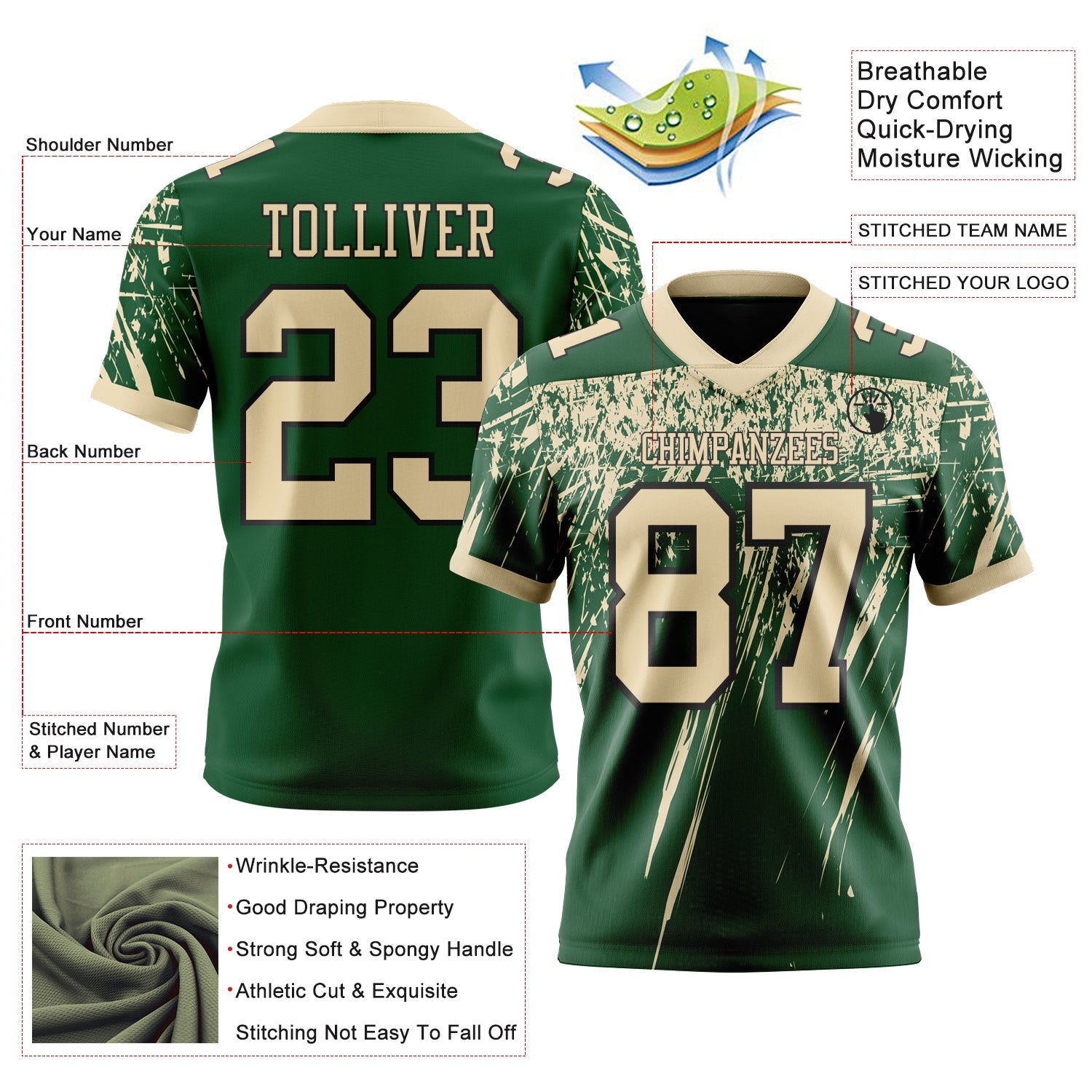 Custom Green Cream-Black Authentic Distressed Scratch Brush Stroke Football Jersey view 2