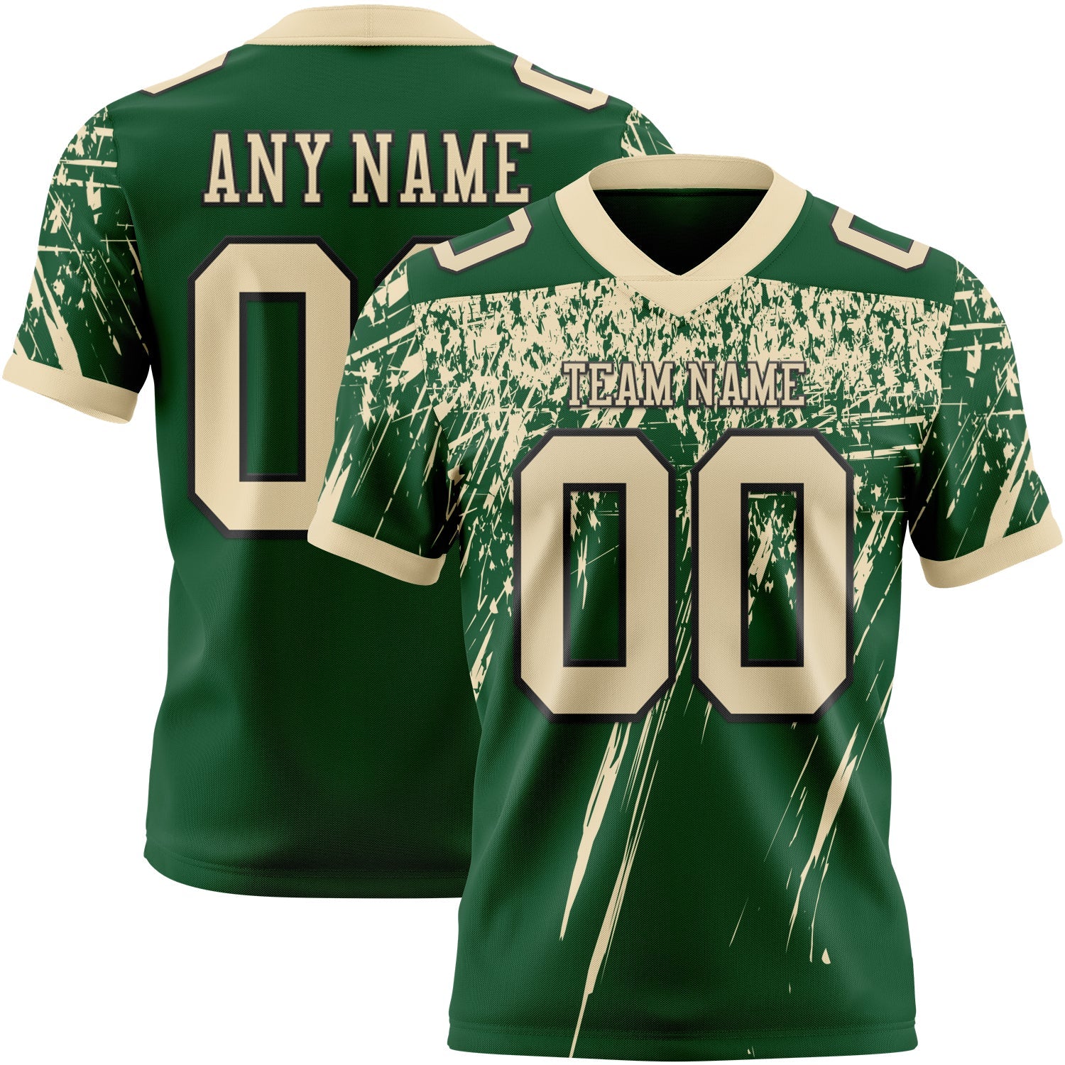Custom Green Cream-Black Authentic Distressed Scratch Brush Stroke Football Jersey - Main View
