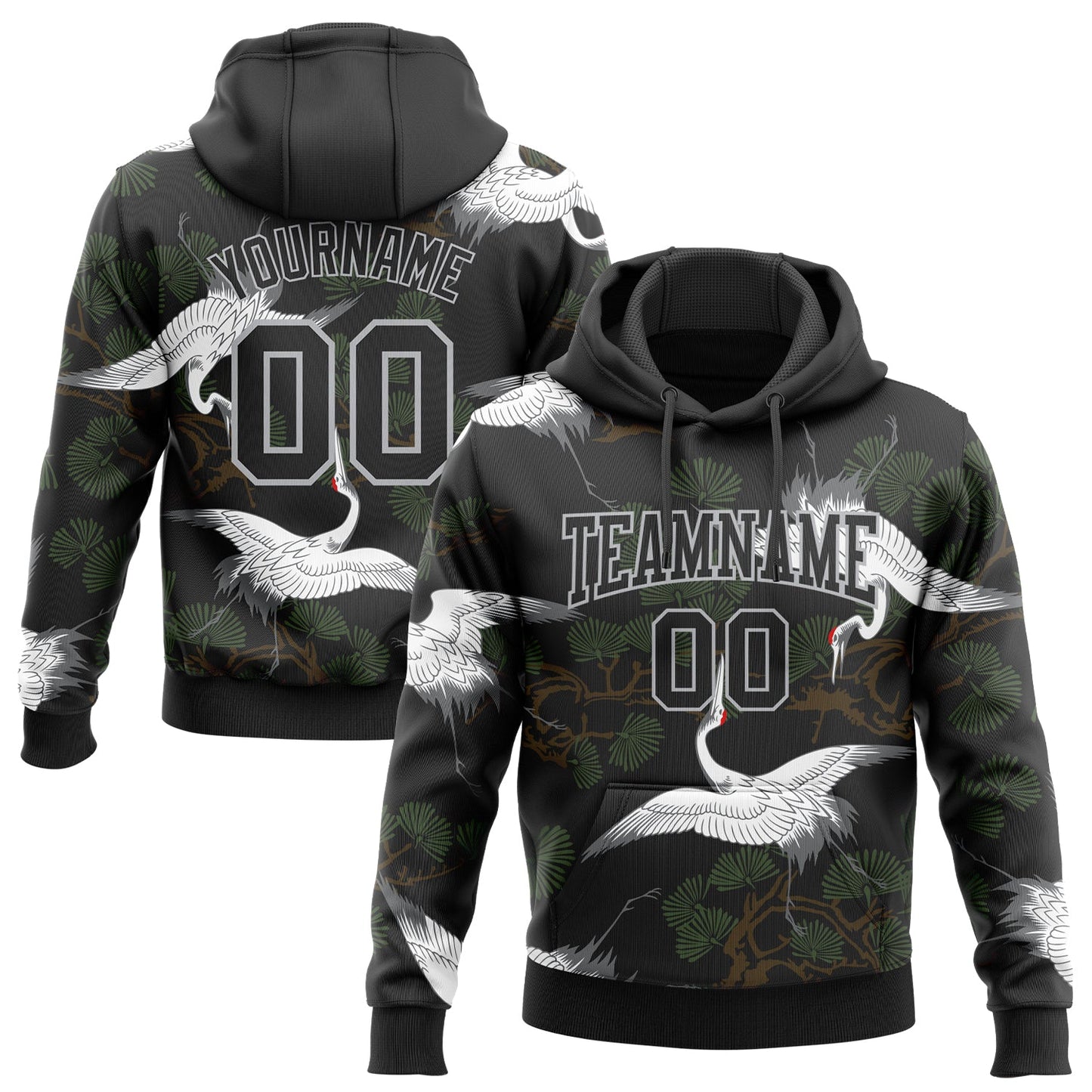 Custom Stitched Black Gray 3D Pattern Design Crane And Green Pine Tree Sports Pullover Sweatshirt Hoodie - Main View