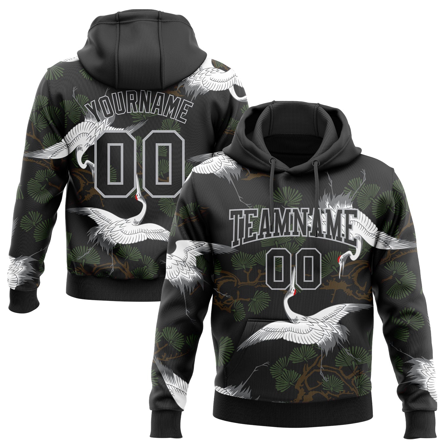 Custom Stitched Black Gray 3D Pattern Design Crane And Green Pine Tree Sports Pullover Sweatshirt Hoodie - Main View
