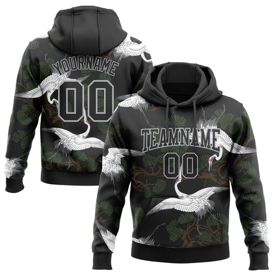 Custom Stitched Black Gray 3D Pattern Design Crane And Green Pine Tree Sports Pullover Sweatshirt Hoodie - Main View