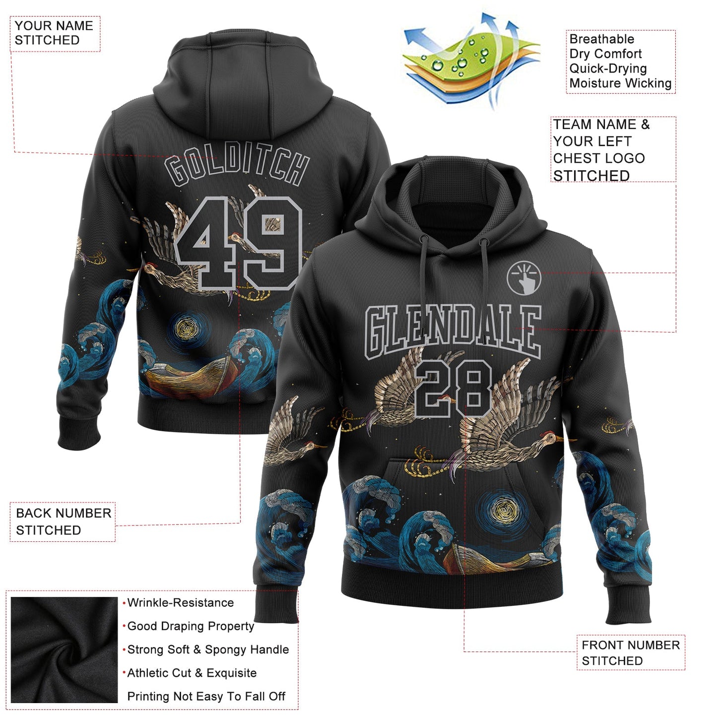 Custom Stitched Black Gray 3D Pattern Design Crane And Wave Sports Pullover Sweatshirt Hoodie view 2