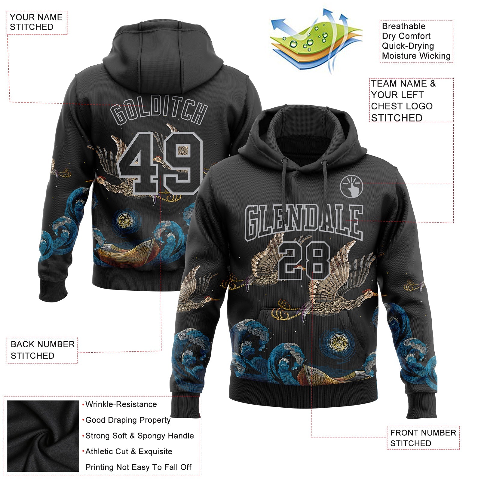 Custom Stitched Black Gray 3D Pattern Design Crane And Wave Sports Pullover Sweatshirt Hoodie view 2