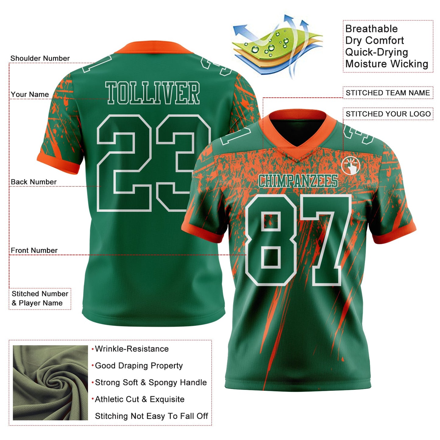 Custom Kelly Green Orange-White Authentic Distressed Scratch Brush Stroke Football Jersey view 2