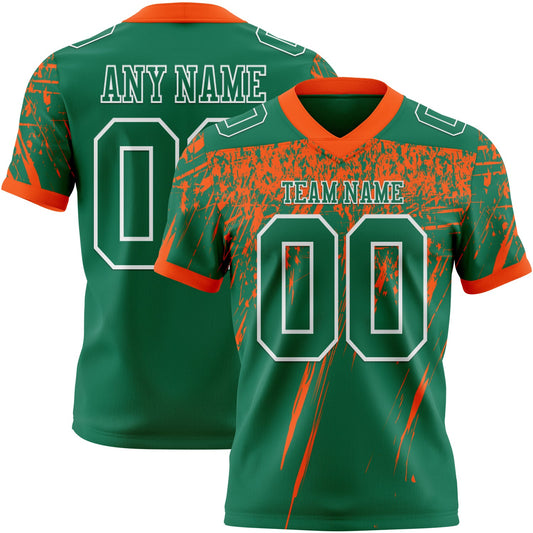 Custom Kelly Green Orange-White Authentic Distressed Scratch Brush Stroke Football Jersey - Main View