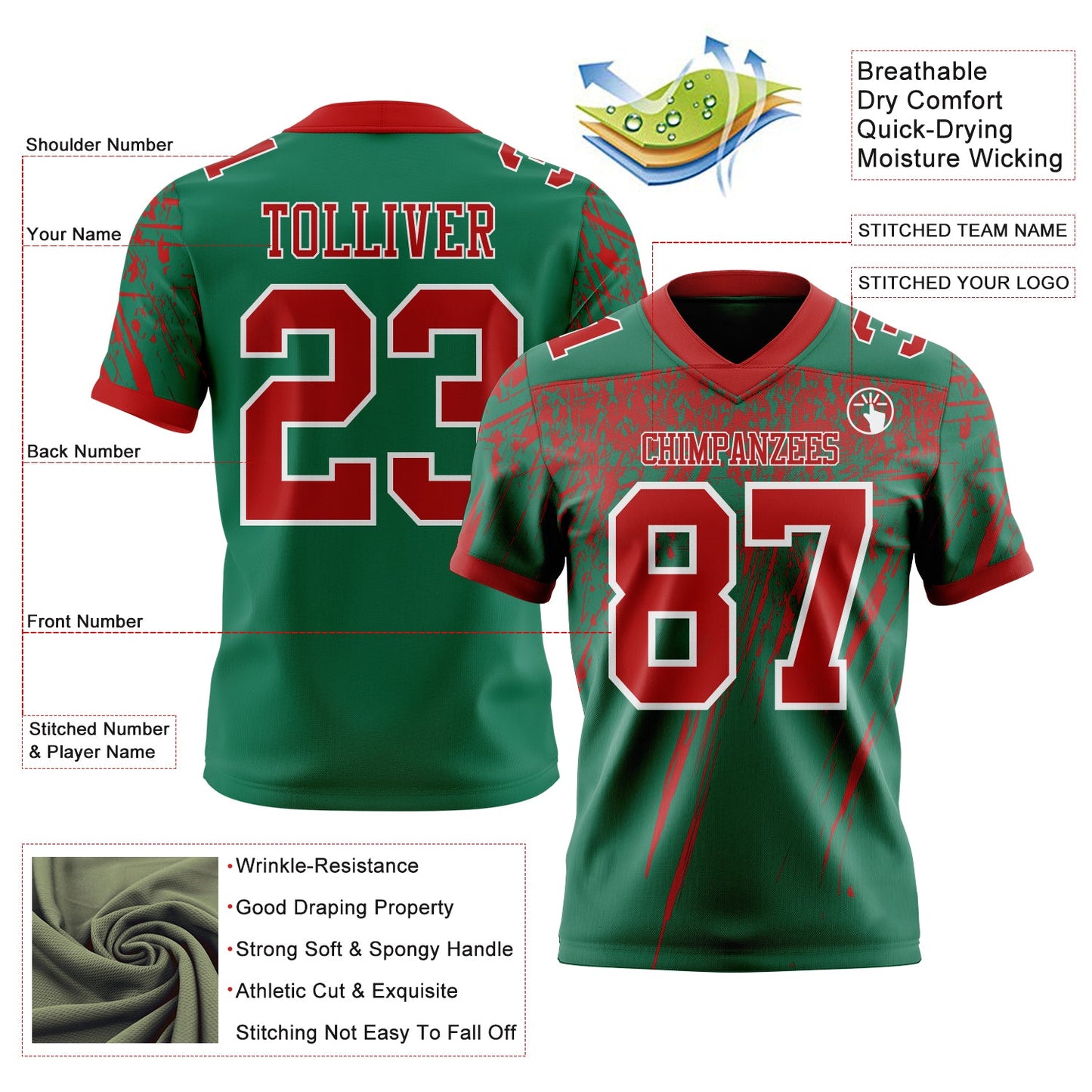 Custom Kelly Green Red-White Authentic Distressed Scratch Brush Stroke Football Jersey view 2