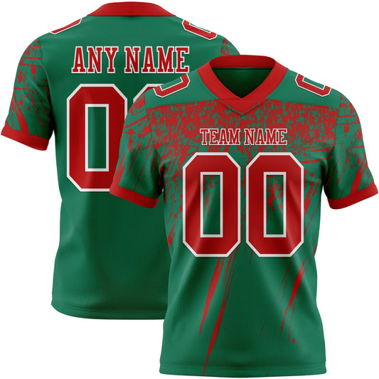 Custom Kelly Green Red-White Authentic Distressed Scratch Brush Stroke Football Jersey - Main View