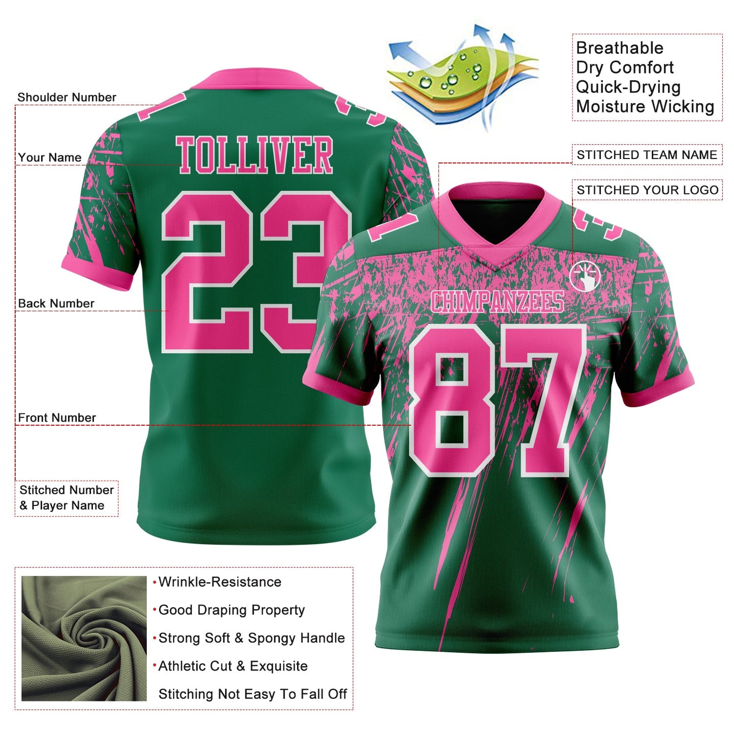 Custom Kelly Green Pink-White Authentic Distressed Scratch Brush Stroke Football Jersey view 2