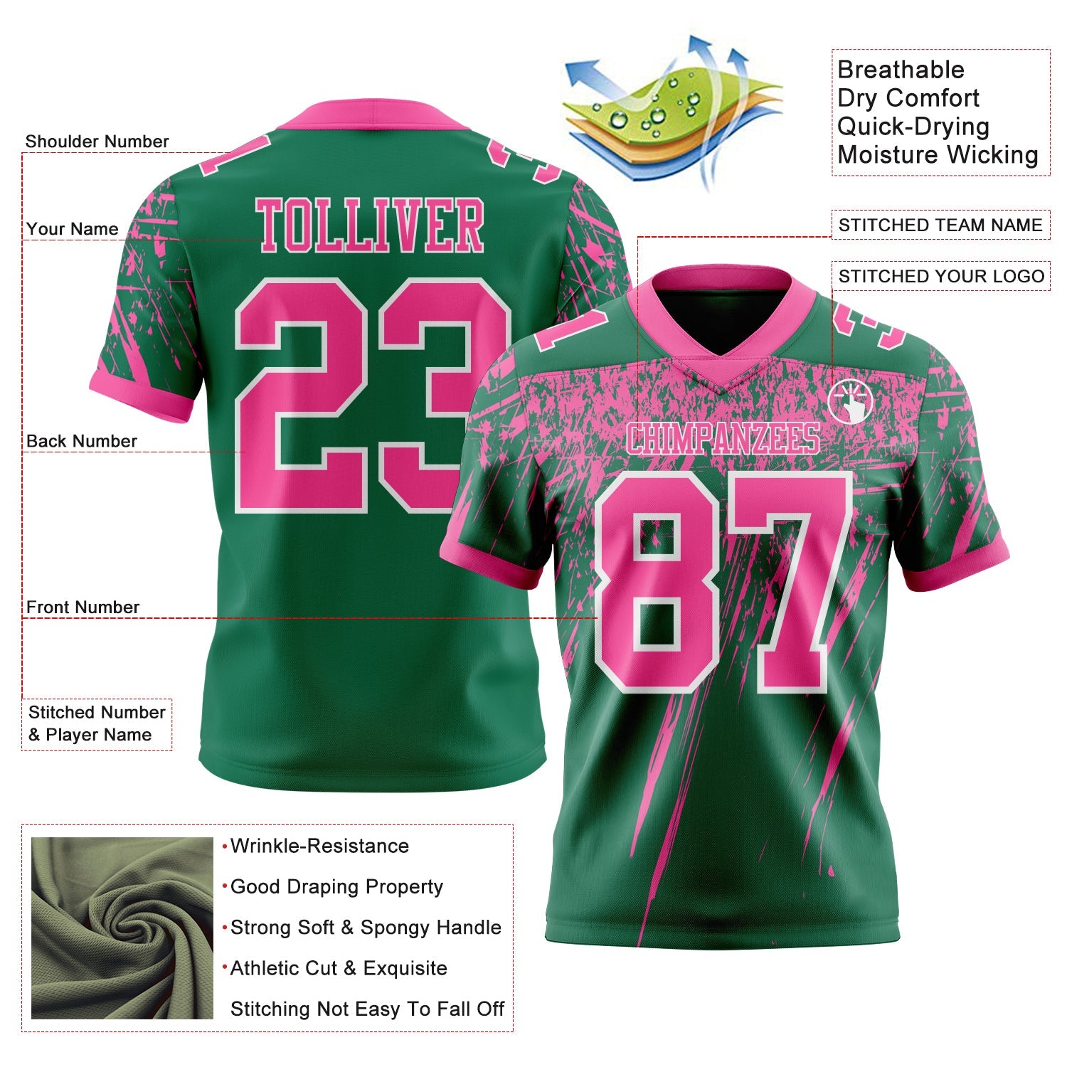 Custom Kelly Green Pink-White Authentic Distressed Scratch Brush Stroke Football Jersey view 2