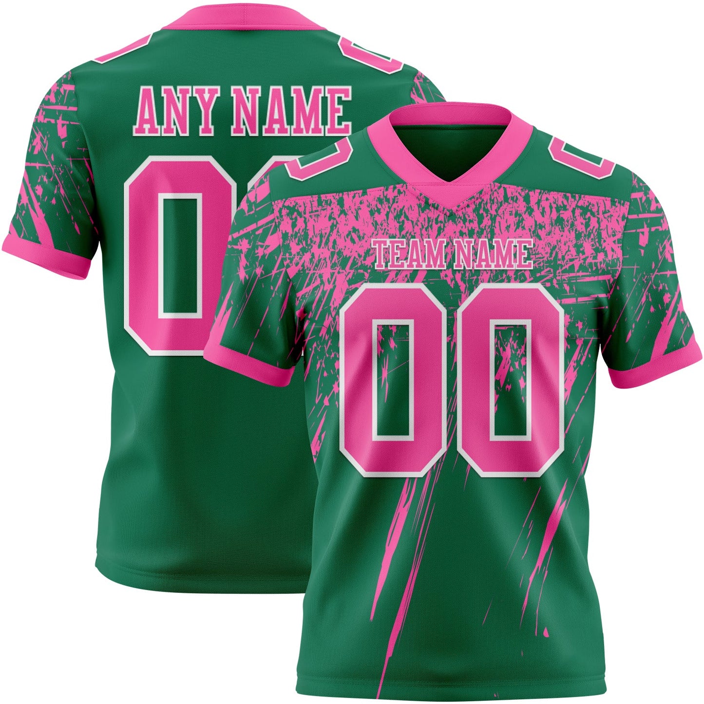 Custom Kelly Green Pink-White Authentic Distressed Scratch Brush Stroke Football Jersey - Main View