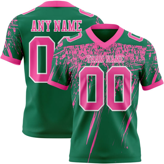 Custom Kelly Green Pink-White Authentic Distressed Scratch Brush Stroke Football Jersey - Main View