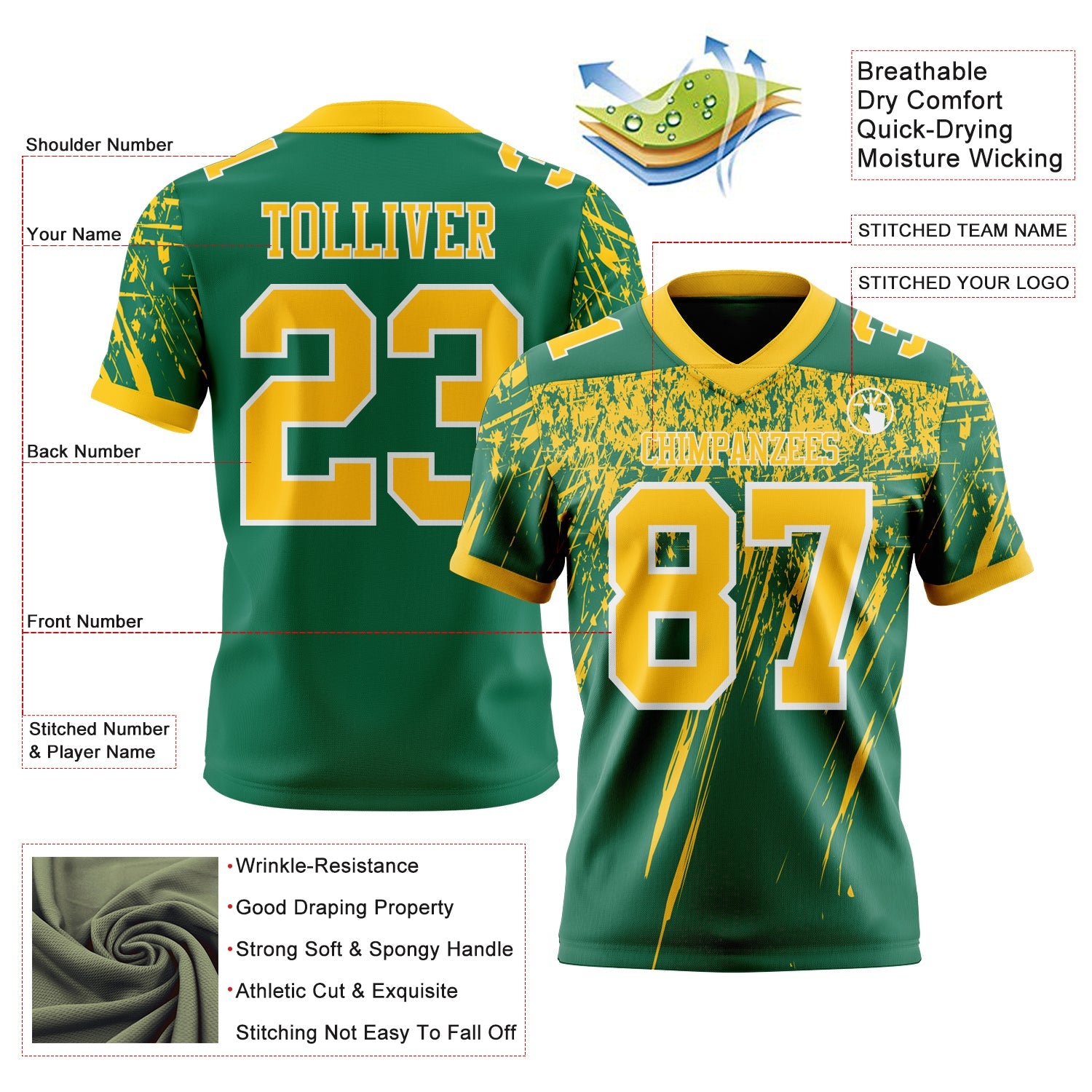 Custom Kelly Green Yellow-White Authentic Distressed Scratch Brush Stroke Football Jersey view 2