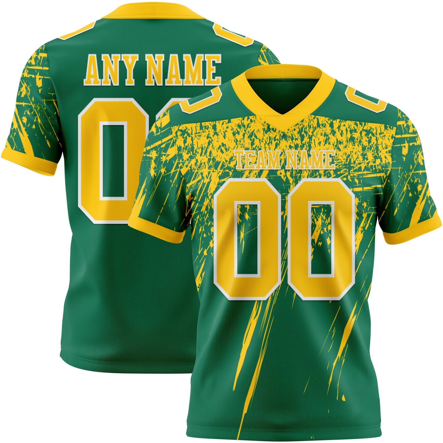 Custom Kelly Green Yellow-White Authentic Distressed Scratch Brush Stroke Football Jersey - Main View
