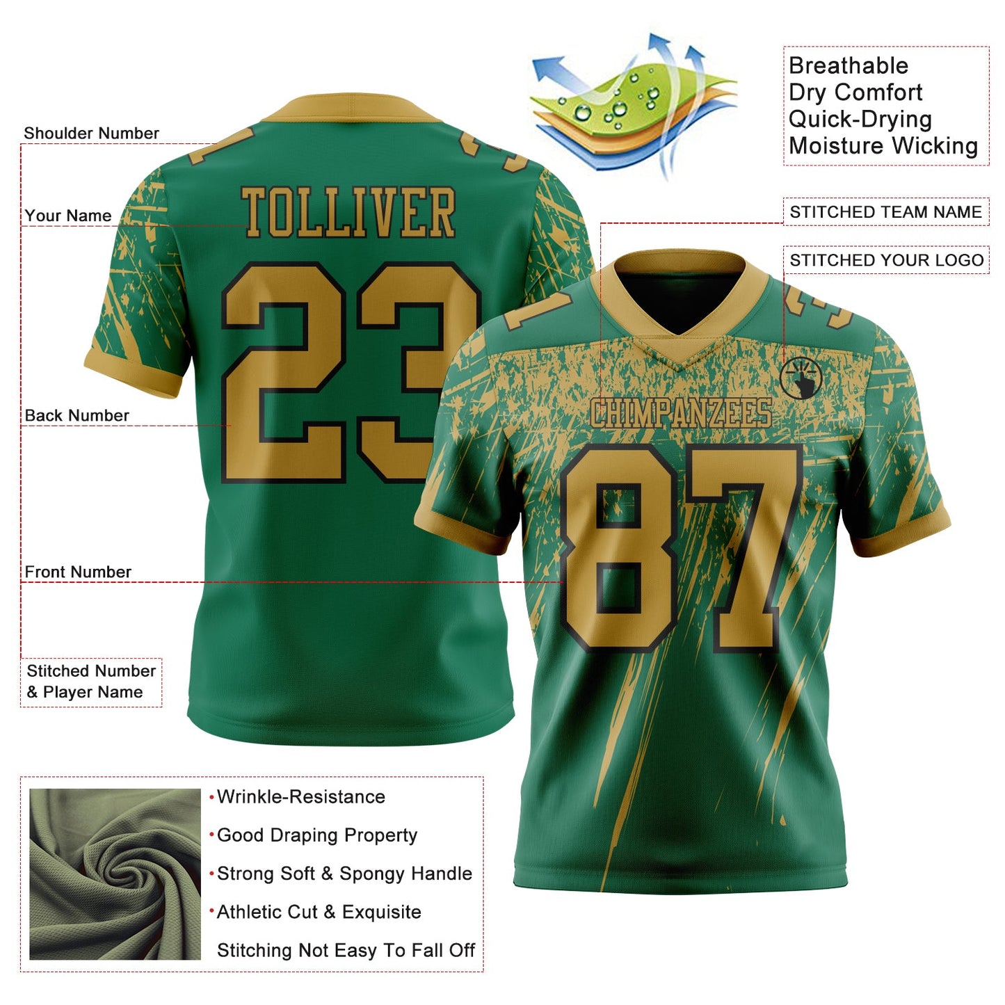 Custom Kelly Green Old Gold-Black Authentic Distressed Scratch Brush Stroke Football Jersey view 2