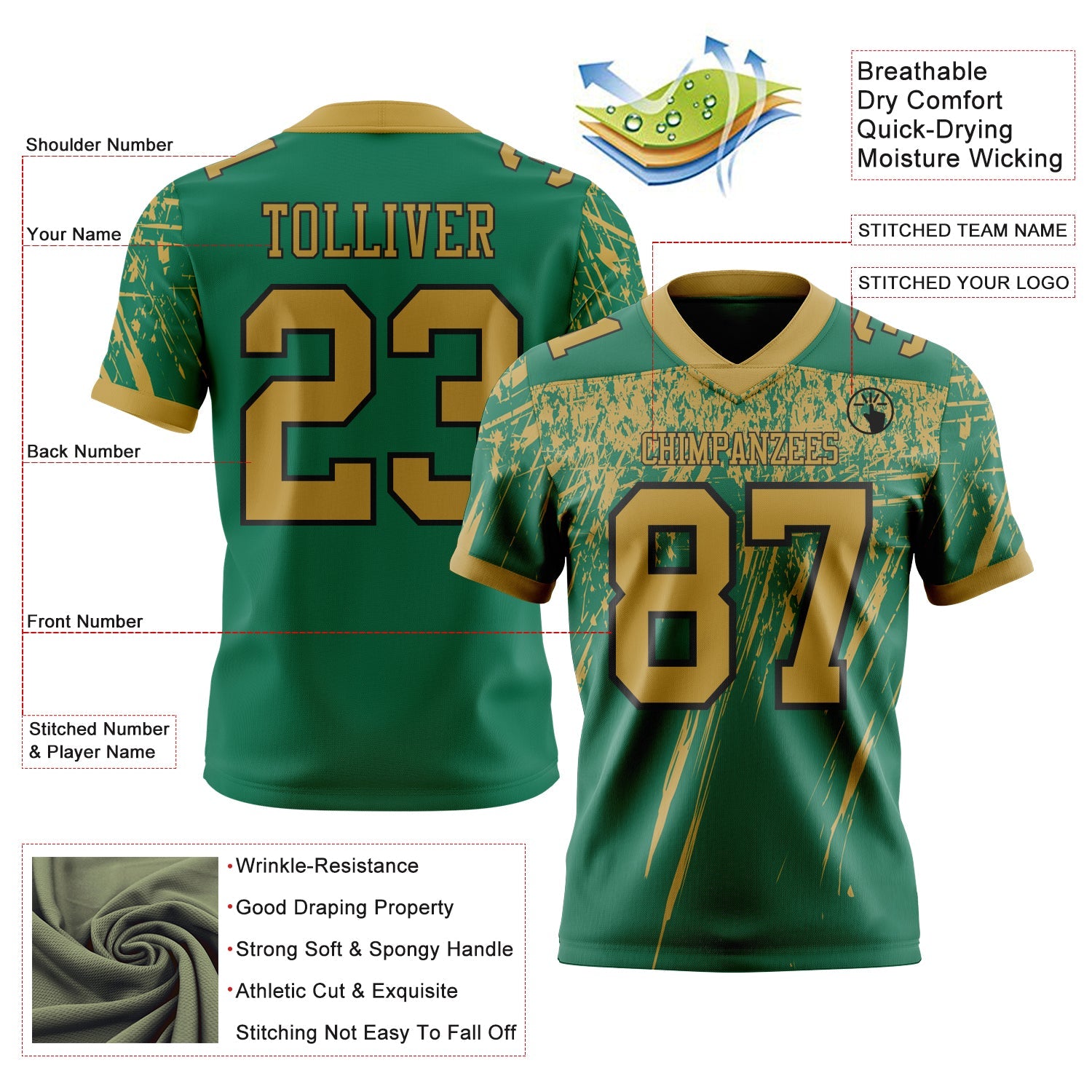 Custom Kelly Green Old Gold-Black Authentic Distressed Scratch Brush Stroke Football Jersey view 2