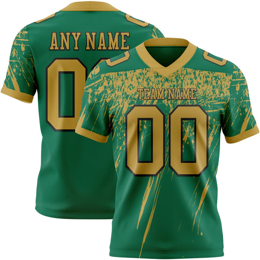 Custom Kelly Green Old Gold-Black Authentic Distressed Scratch Brush Stroke Football Jersey - Main View