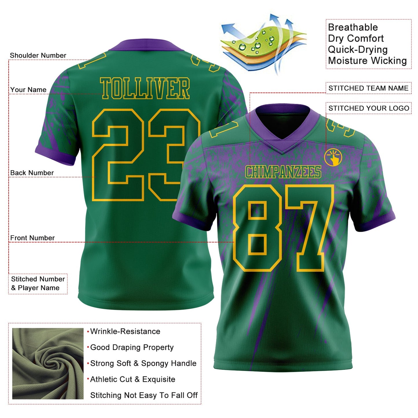Custom Kelly Green Purple-Yellow Authentic Distressed Scratch Brush Stroke Football Jersey view 2