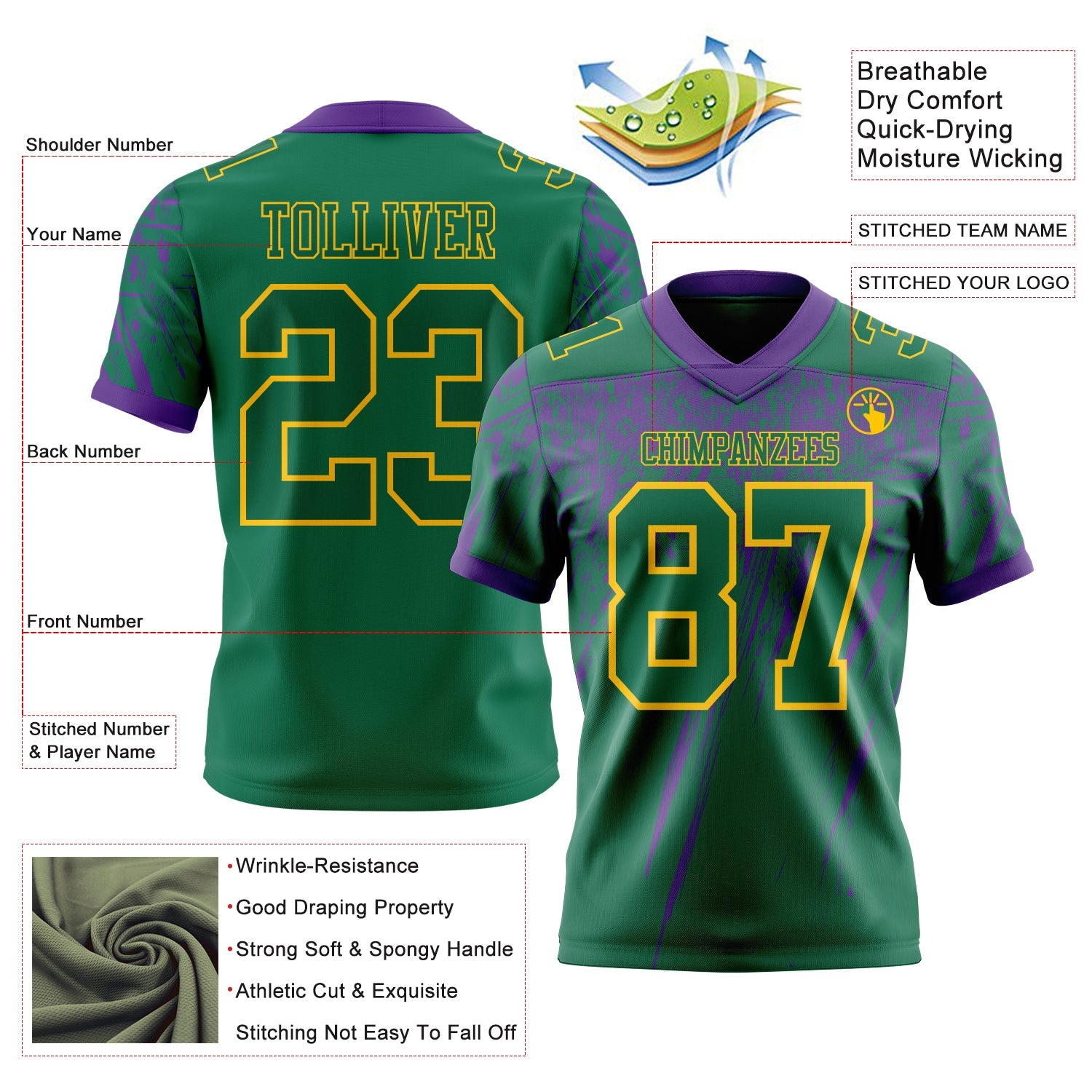 Custom Kelly Green Purple-Yellow Authentic Distressed Scratch Brush Stroke Football Jersey view 2
