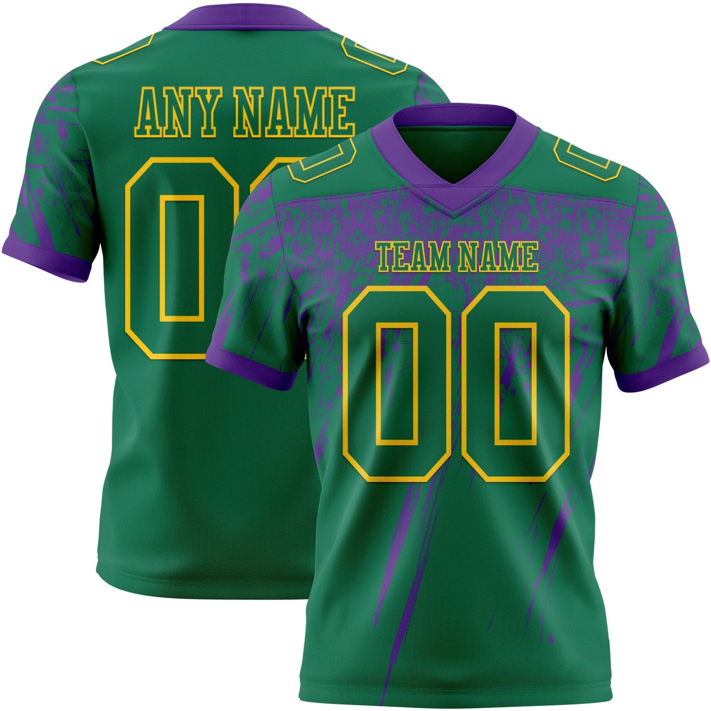Custom Kelly Green Purple-Yellow Authentic Distressed Scratch Brush Stroke Football Jersey - Main View