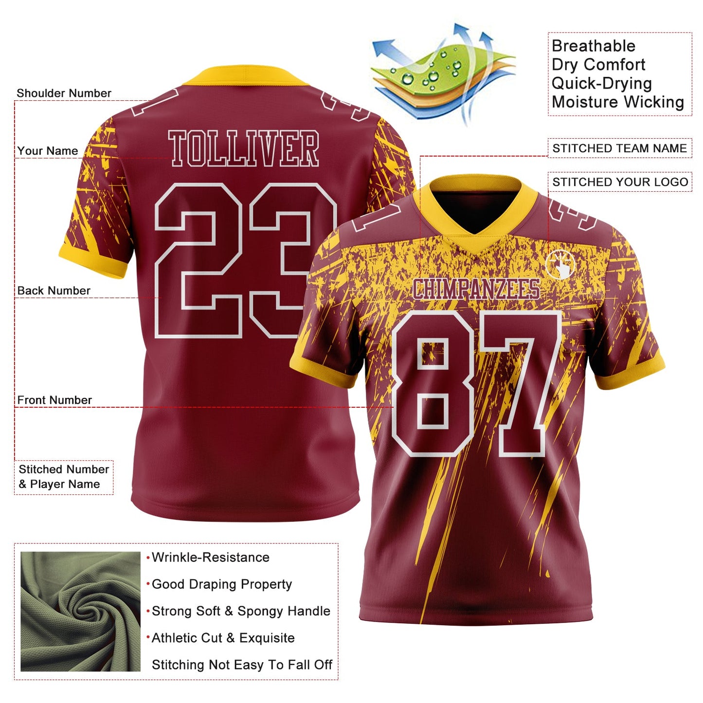 Custom Crimson Yellow-White Authentic Distressed Scratch Brush Stroke Football Jersey view 2