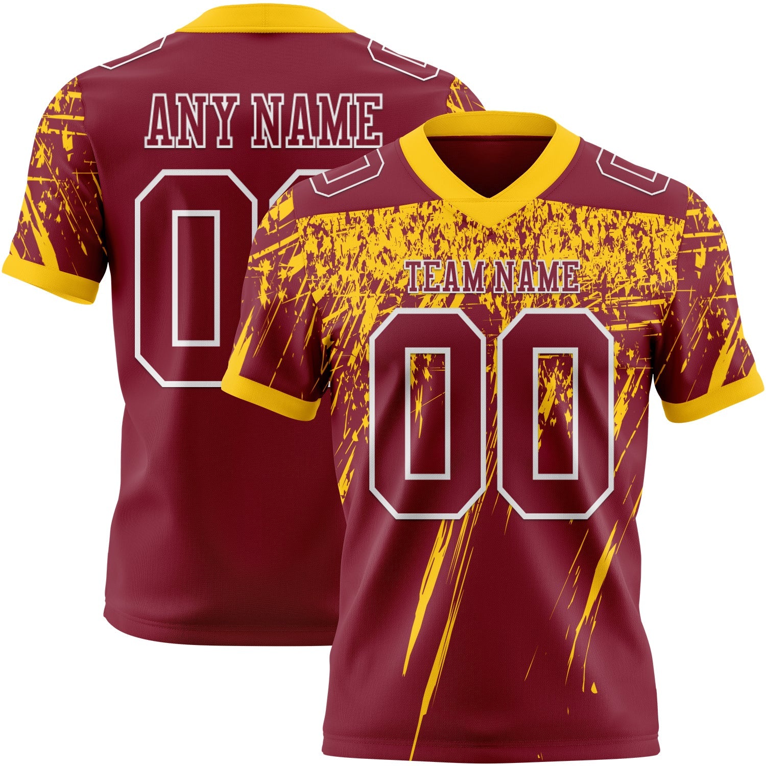 Custom Crimson Yellow-White Authentic Distressed Scratch Brush Stroke Football Jersey - Main View