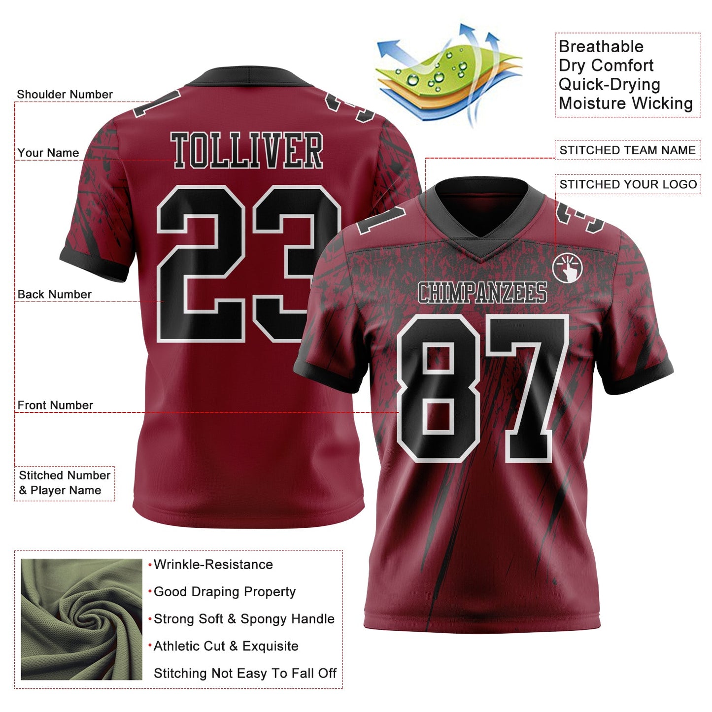 Custom Crimson Black-White Authentic Distressed Scratch Brush Stroke Football Jersey view 2