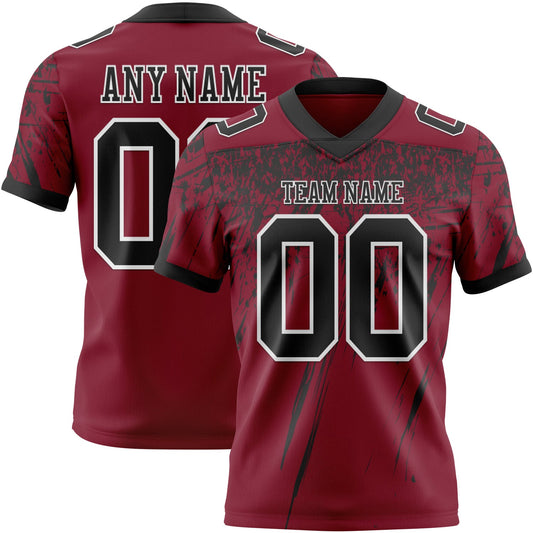 Custom Crimson Black-White Authentic Distressed Scratch Brush Stroke Football Jersey - Main View