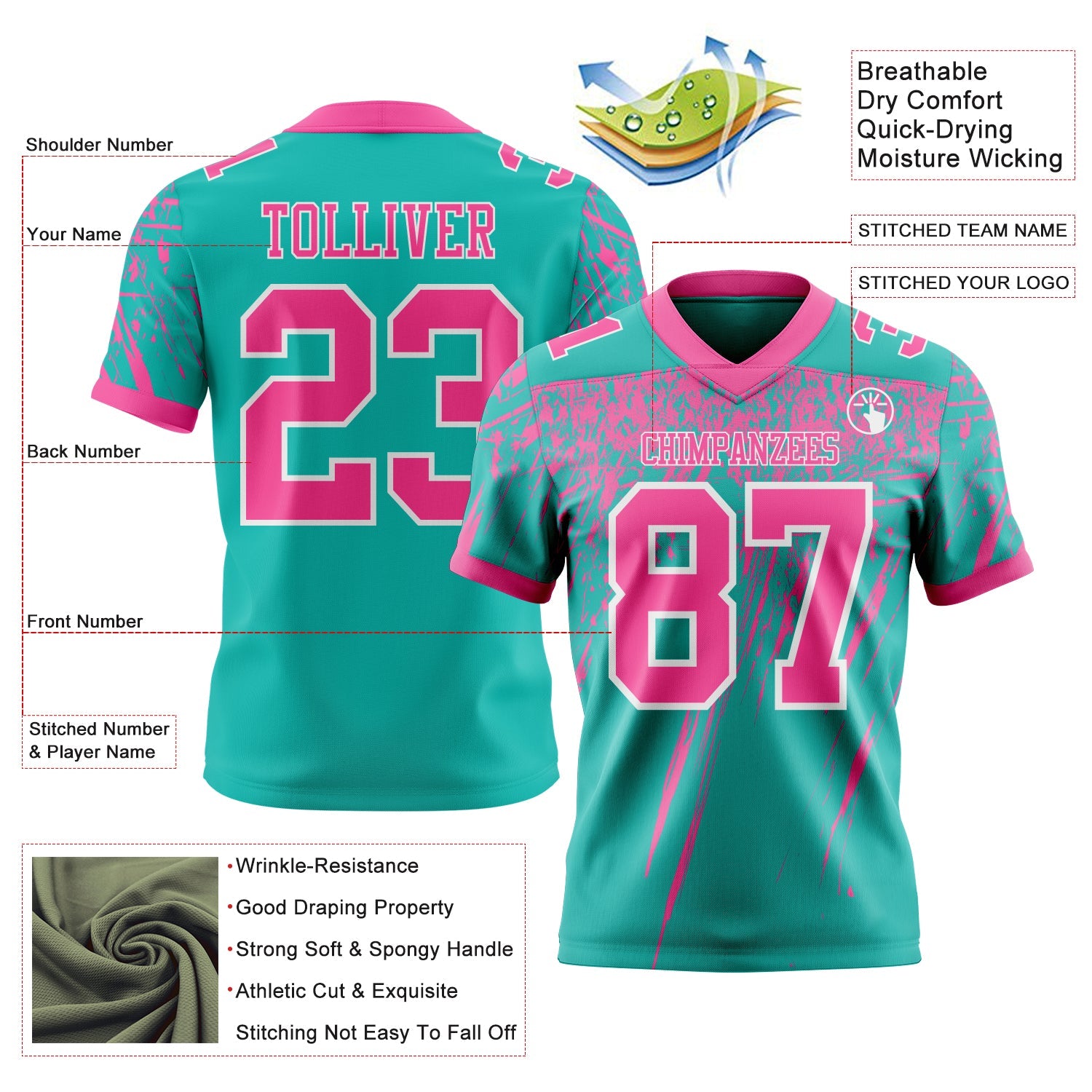 Custom Aqua Pink-White Authentic Distressed Scratch Brush Stroke Football Jersey view 2