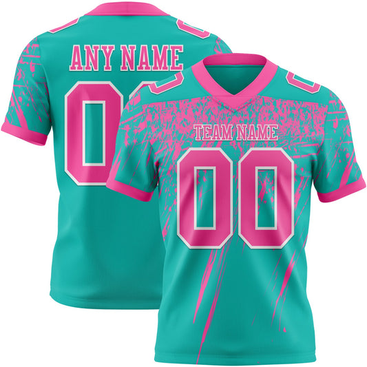 Custom Aqua Pink-White Authentic Distressed Scratch Brush Stroke Football Jersey - Main View