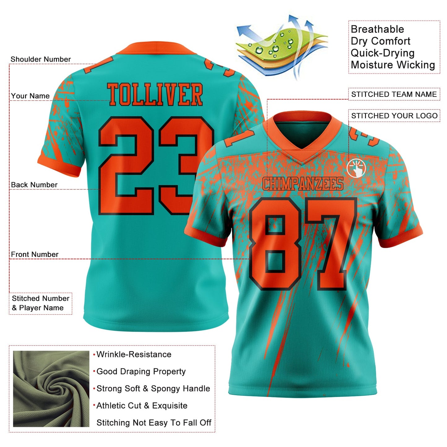 Custom Aqua Orange-Black Authentic Distressed Scratch Brush Stroke Football Jersey view 2