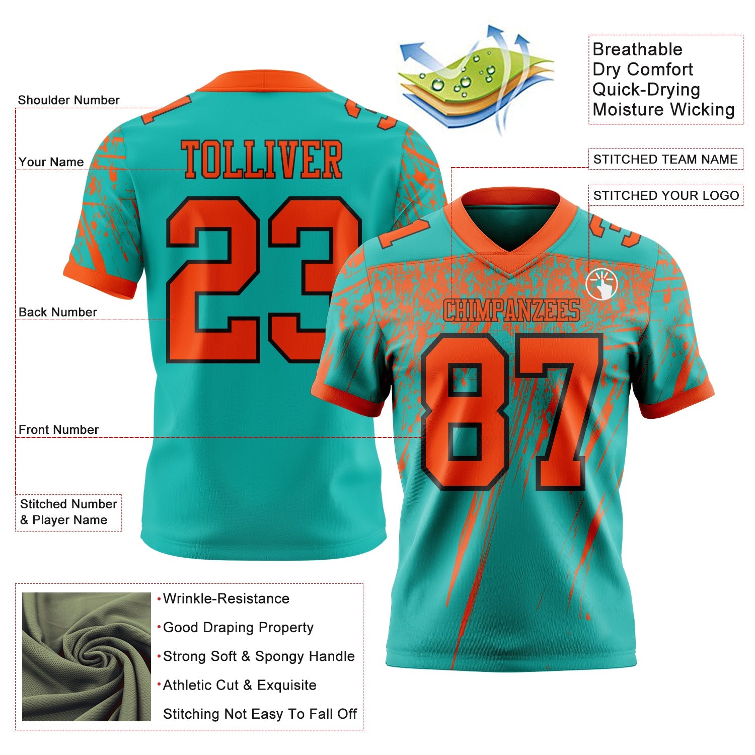 Custom Aqua Orange-Black Authentic Distressed Scratch Brush Stroke Football Jersey view 2