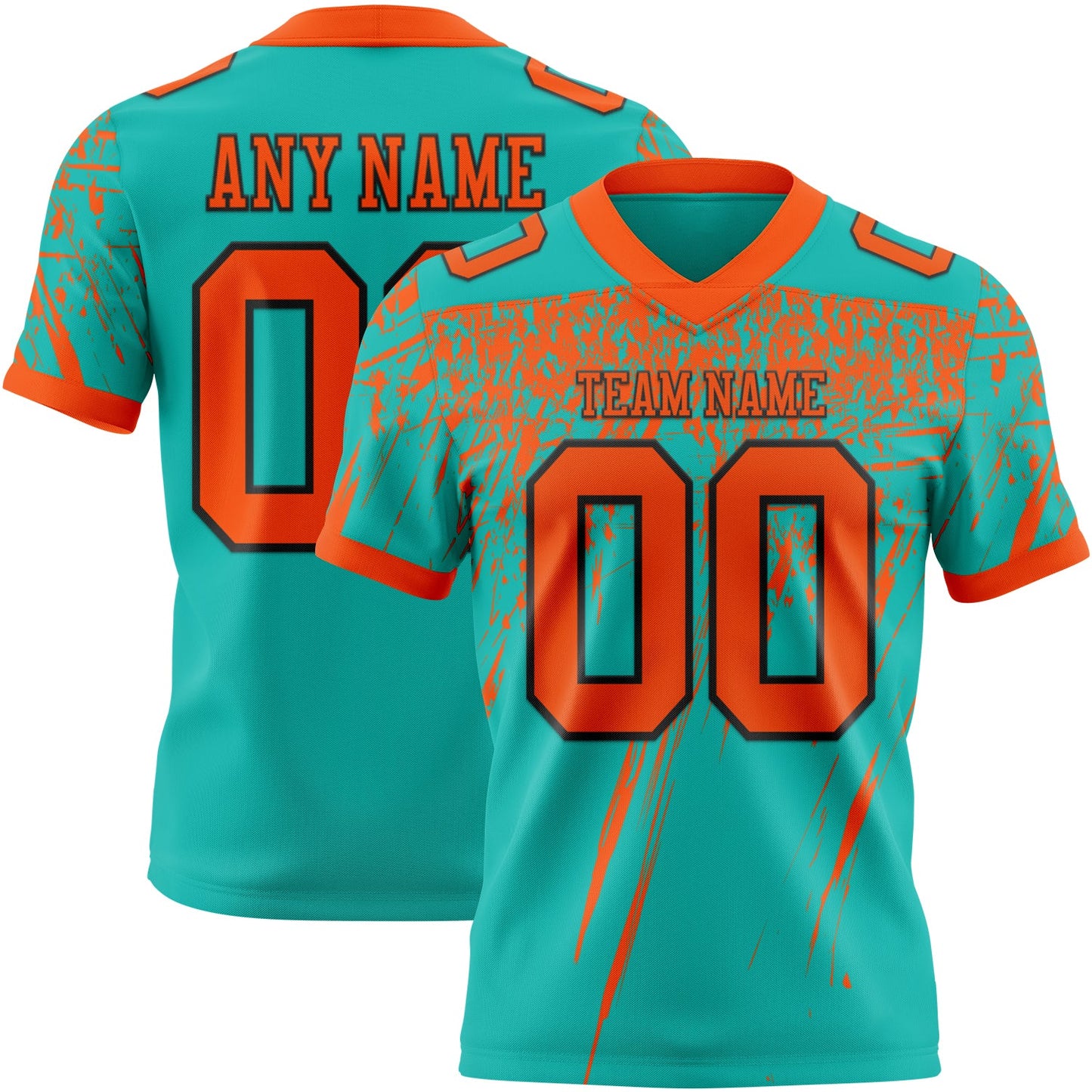 Custom Aqua Orange-Black Authentic Distressed Scratch Brush Stroke Football Jersey - Main View