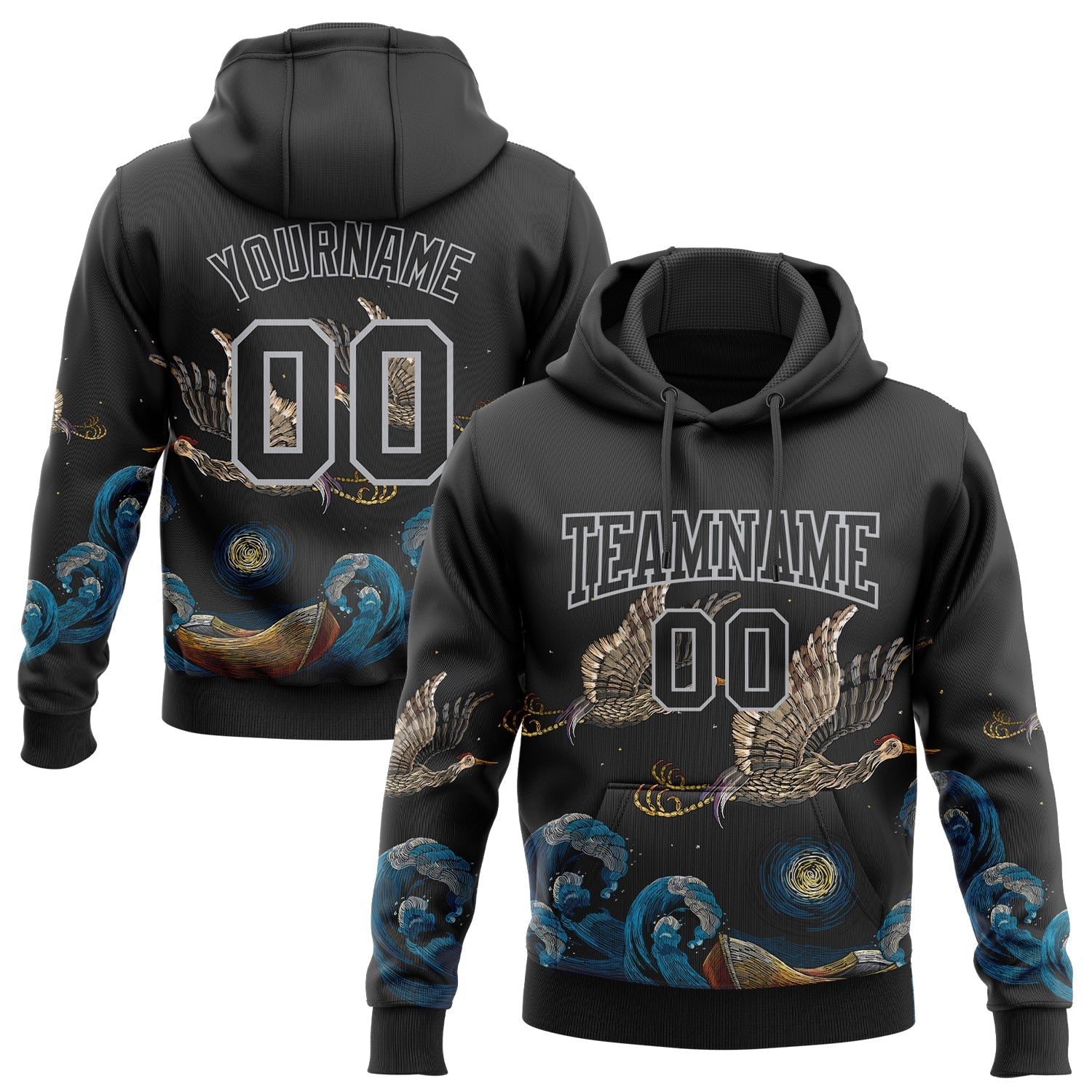 Custom Stitched Black Gray 3D Pattern Design Crane And Wave Sports Pullover Sweatshirt Hoodie - Main View