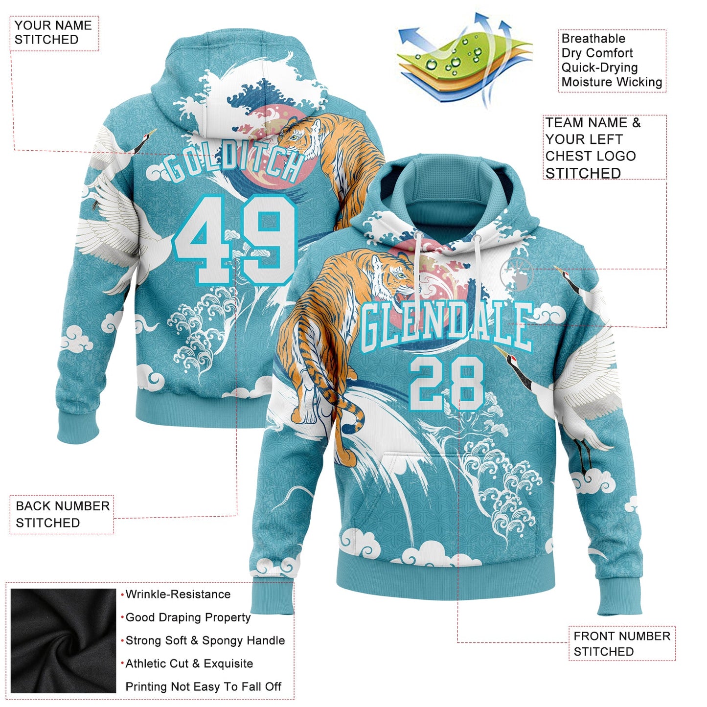 Custom Stitched Lakes Blue White 3D Pattern Design Crane And Tiger Sports Pullover Sweatshirt Hoodie view 2