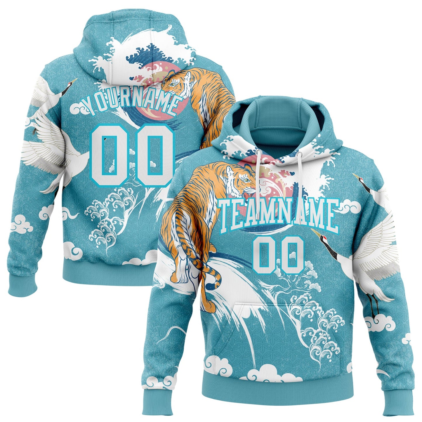 Custom Stitched Lakes Blue White 3D Pattern Design Crane And Tiger Sports Pullover Sweatshirt Hoodie - Main View