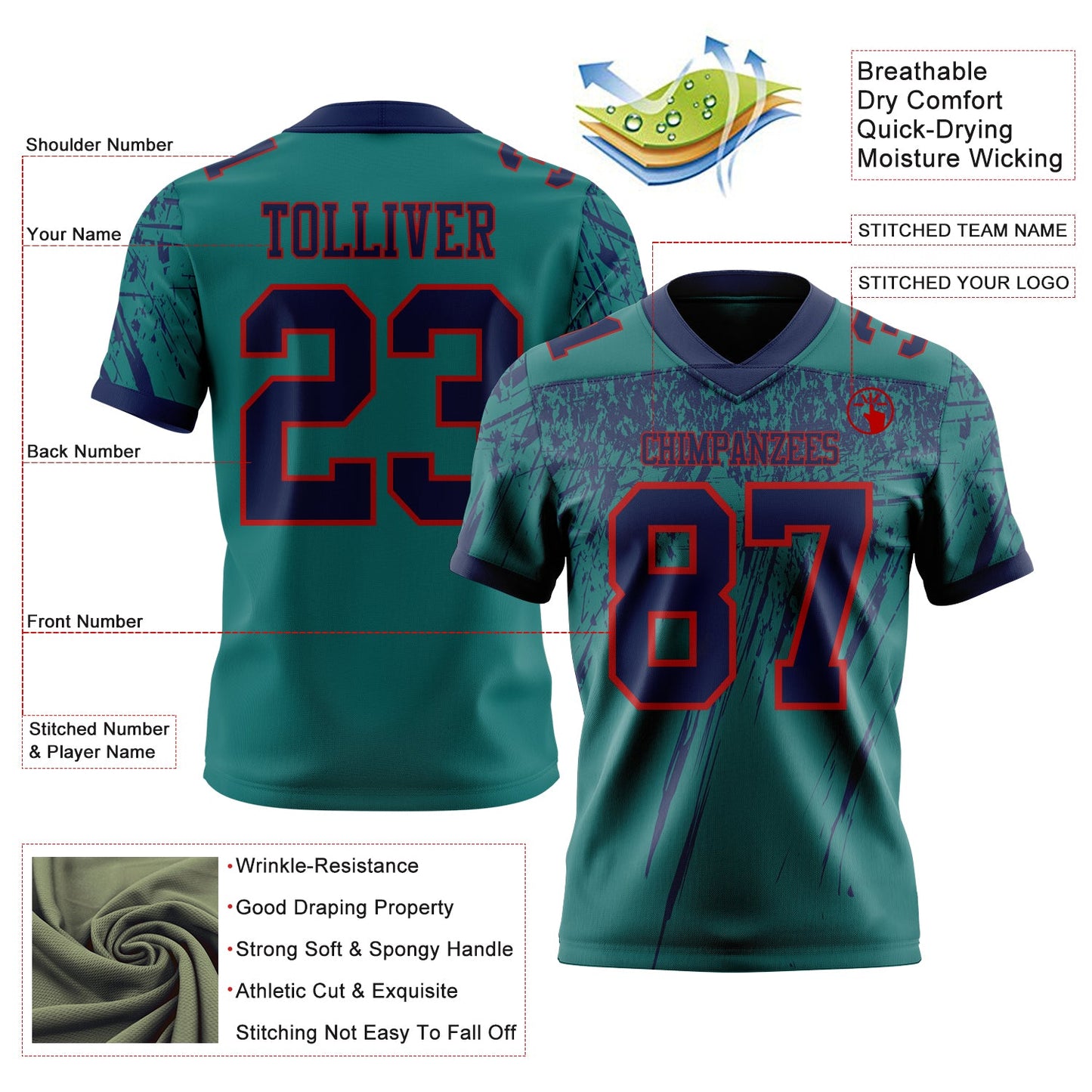 Custom Teal Navy-Red Authentic Distressed Scratch Brush Stroke Football Jersey view 2