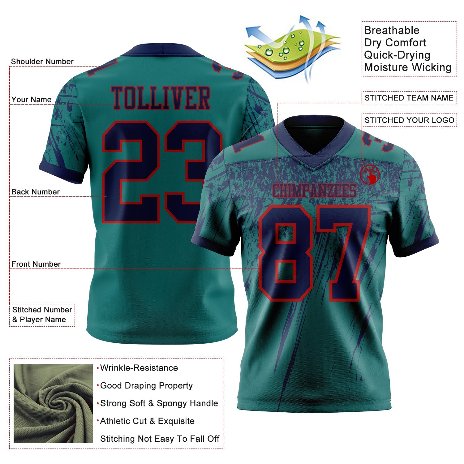 Custom Teal Navy-Red Authentic Distressed Scratch Brush Stroke Football Jersey view 2