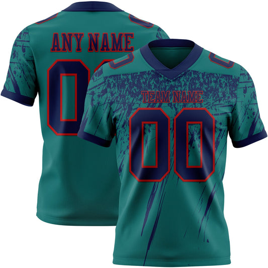 Custom Teal Navy-Red Authentic Distressed Scratch Brush Stroke Football Jersey - Main View