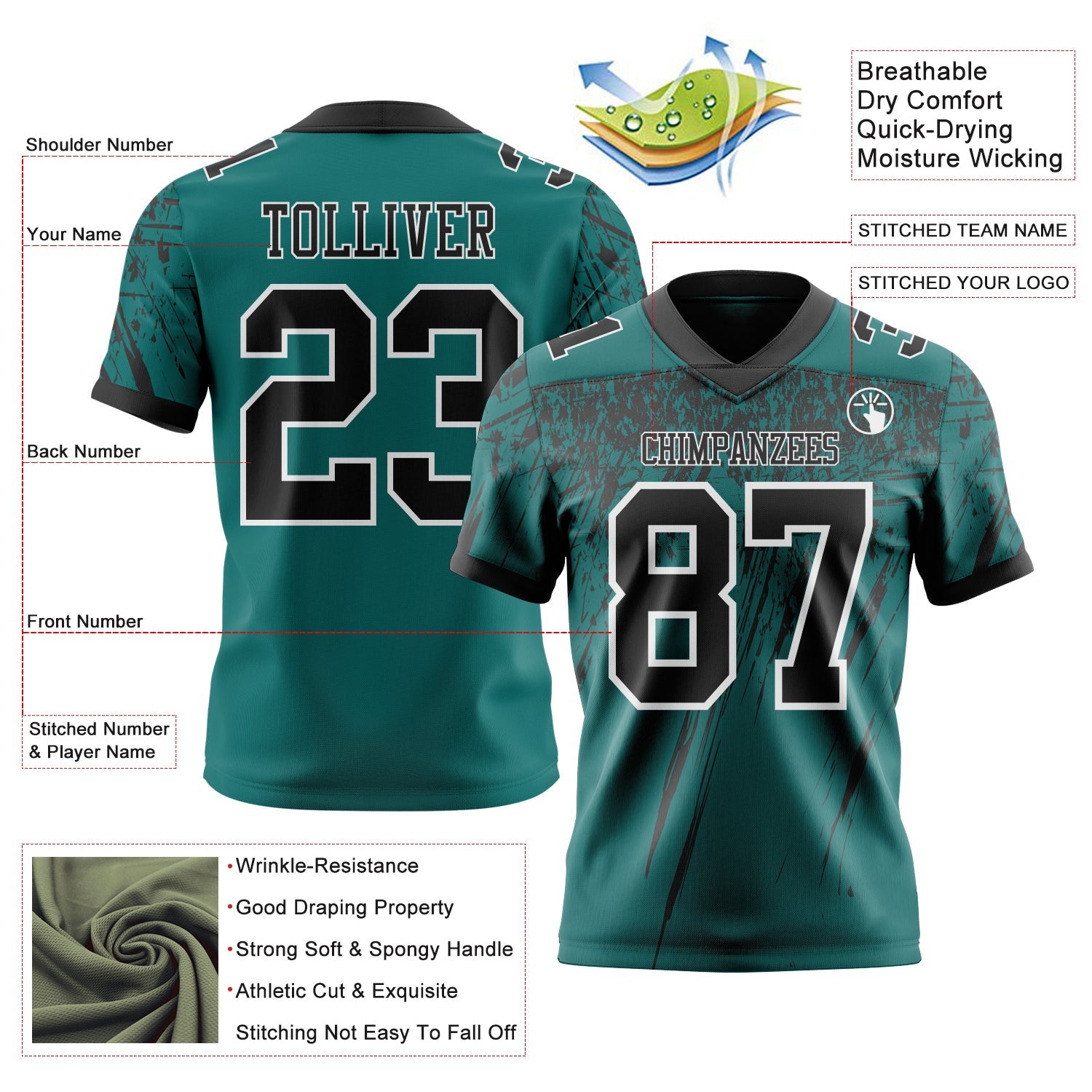 Custom Teal Black-White Authentic Distressed Scratch Brush Stroke Football Jersey view 2