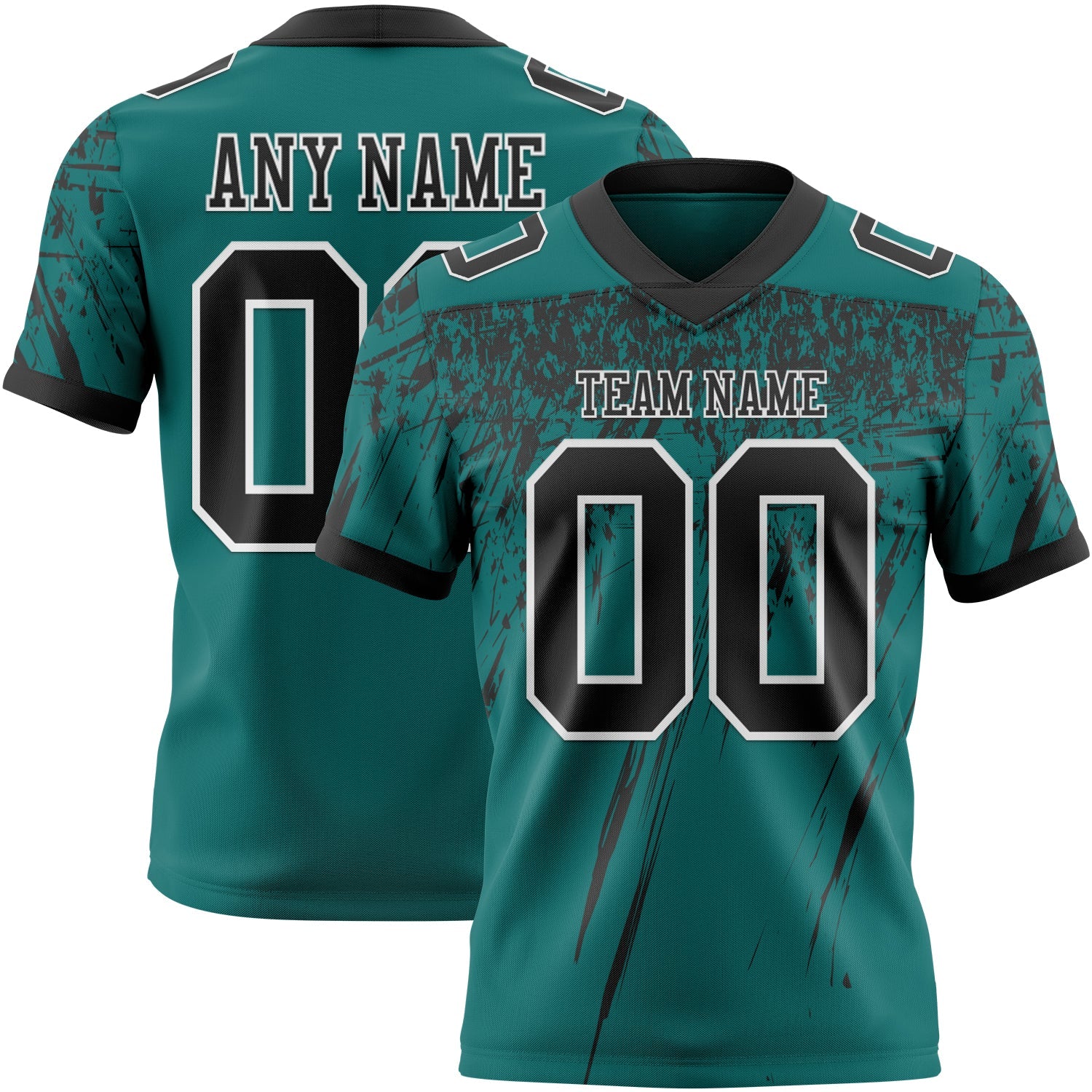 Custom Teal Black-White Authentic Distressed Scratch Brush Stroke Football Jersey - Main View