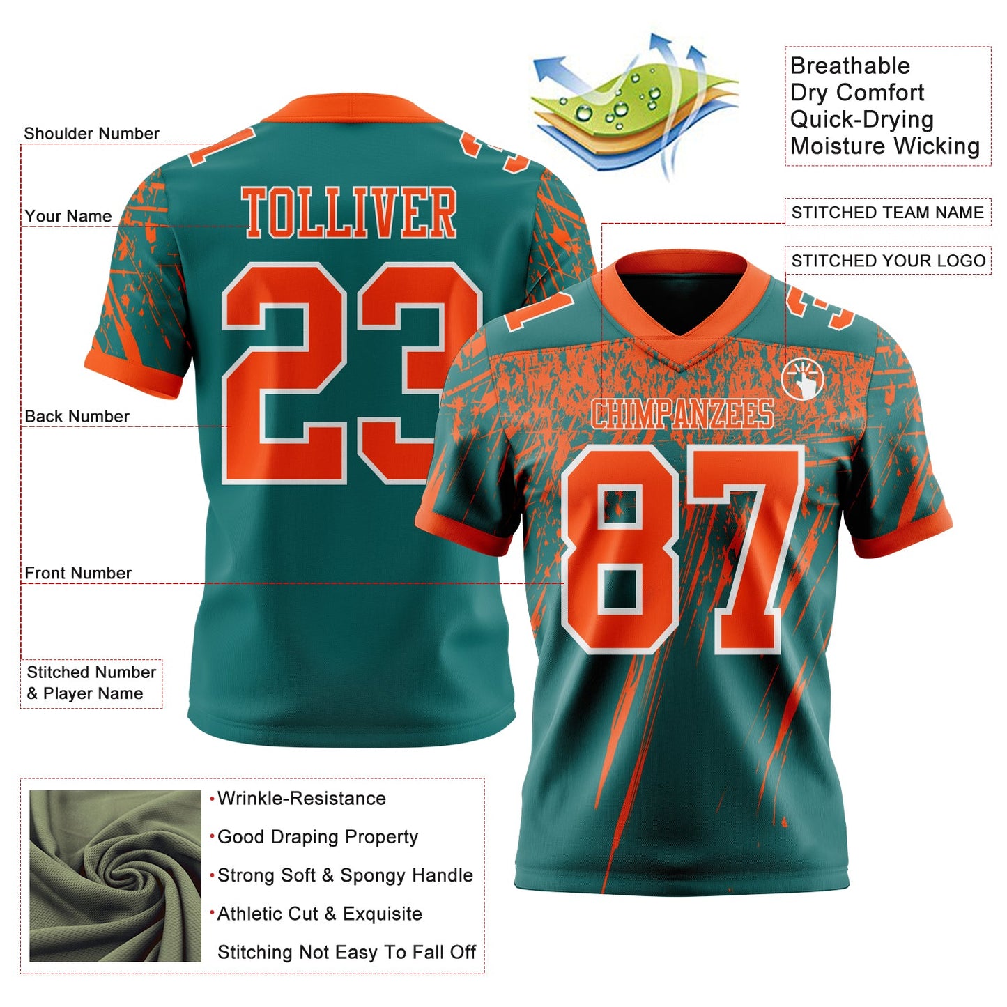 Custom Teal Orange-White Authentic Distressed Scratch Brush Stroke Football Jersey view 2