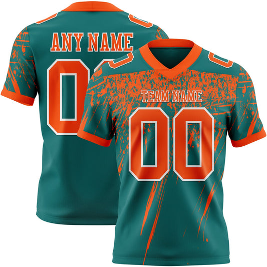 Custom Teal Orange-White Authentic Distressed Scratch Brush Stroke Football Jersey - Main View