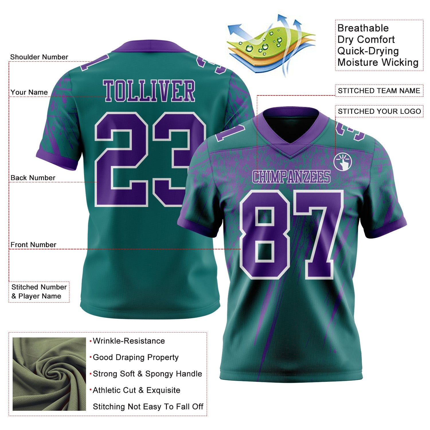 Custom Teal Purple-White Authentic Distressed Scratch Brush Stroke Football Jersey view 2