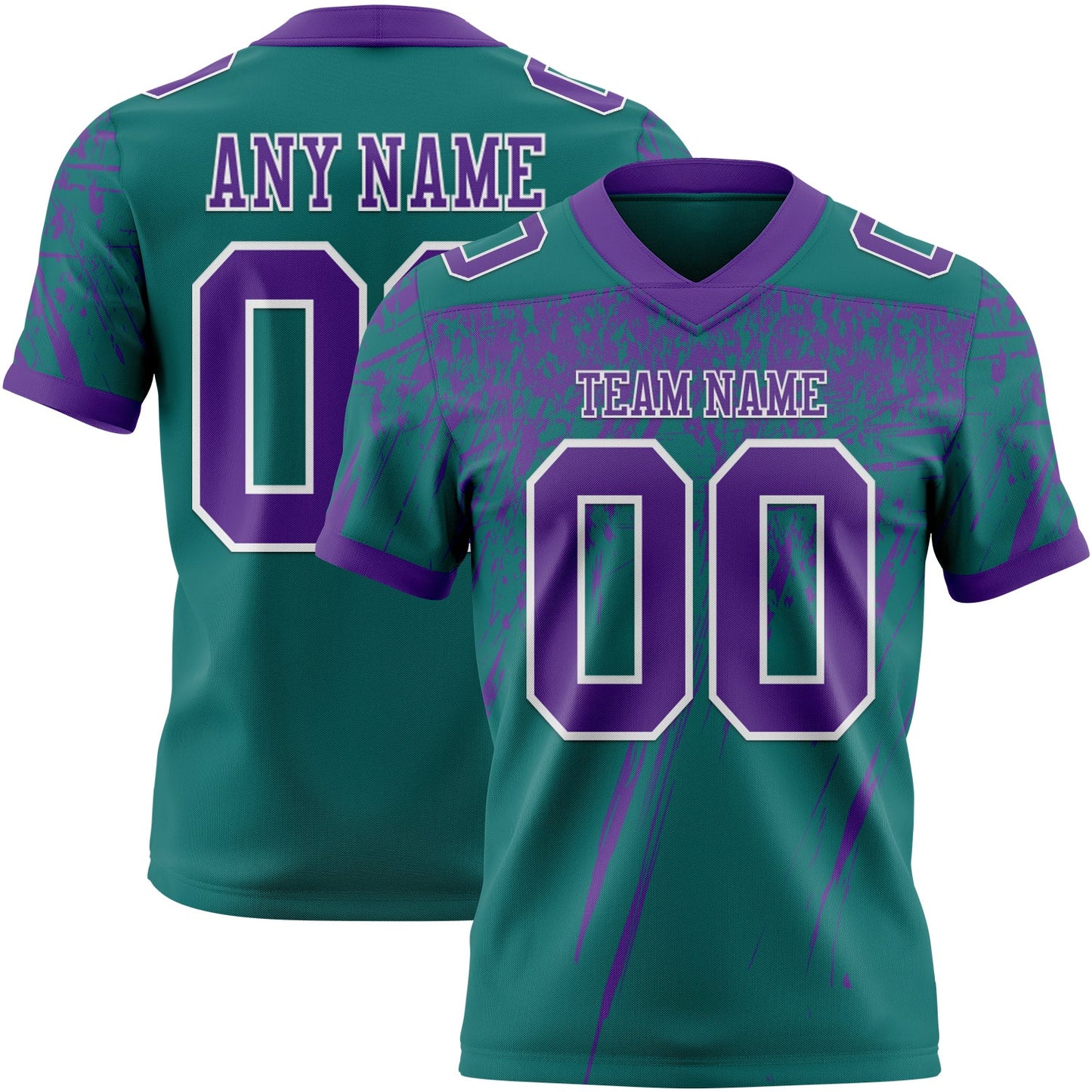 Custom Teal Purple-White Authentic Distressed Scratch Brush Stroke Football Jersey - Main View